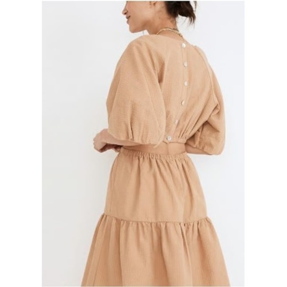 Madewell Seersucker Mini Dress Medium NWT Tan Puff Sleeve Cut Out NF870 - Picture 5 of 16